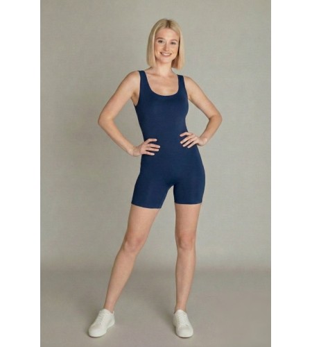 Toparlayıcı Likralı Şortlu Askılı Tulum Lacivert