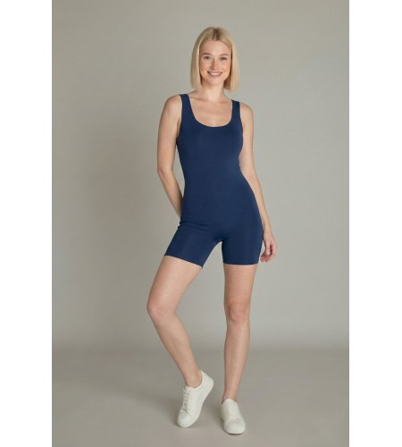 Toparlayıcı Likralı Şortlu Askılı Tulum Lacivert