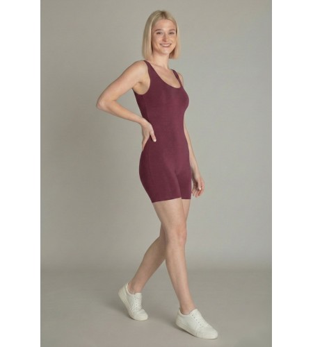 Toparlayıcı Likralı Şortlu Askılı Tulum Bordo